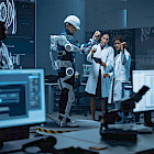 Zwei Ingenieur:innen untersuchen einen vierbeinigen Roboter in einem Hightech-Labor